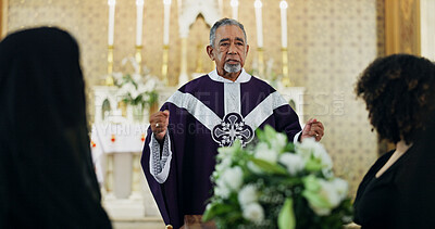 Buy stock photo Funeral, preacher and man with prayer in church for farewell service, mourning death or grief. Respect, goodbye or pastor preaching with family in Christian cathedral for burial, talking or memorial