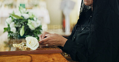 Buy stock photo Hands, person and coffin with rose at funeral for farewell, mourning death and goodbye at burial ceremony. Woman, widow and rip with flower for respect, memorial service and emotional for loss