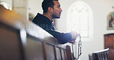 Buy stock photo Praying, faith and man with beads, church and Christian with respect for God, belief and holy spirit. Worship, gospel and person with rosary for confession, mercy and asking for advice with necklace