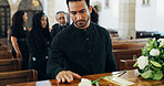 Sad, man and coffin at funeral for farewell service, mourning death and goodbye at burial ceremony. Person, family and respect with rip, memorial comfort and emotional gathering at community church