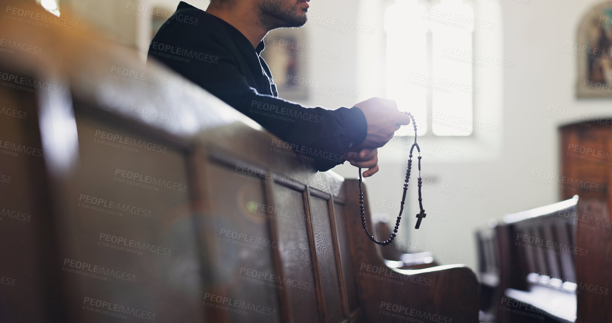 Buy stock photo Praying, respect and hands with beads, church or Christian with belief for religion, faith or confession. Worship, gospel and person with rosary for holy spirit, mercy or asking for guidance from God