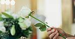 Funeral, hand or person with flower with respect in church for farewell service, mourning death or grief. Ceremony, goodbye or grieving with sorrow or rose in cathedral for burial, loss or memorial