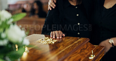 Buy stock photo Hands, death and people with coffin in funeral for farewell, mourning closeup or grief in church. RIP, goodbye or family hug with casket or loss in Christian cathedral for burial, support or memorial