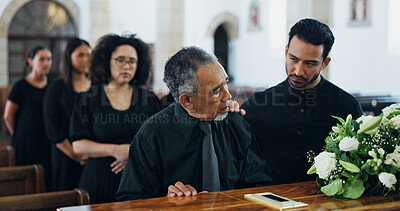 Buy stock photo Sad, men and coffin at funeral for farewell service, mourning death and goodbye at burial ceremony. People, family and respect with rip, memorial comfort and emotional gathering at community church
