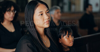 Buy stock photo Funeral, thinking and woman in church, mourning and praying for loss, memorial service and Christianity. Sadness, catholic and person with depression for grief, ceremony and ritual for honor the dead