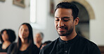 Funeral, crying or man with death in church for farewell service, mourning person or grief. Sad, goodbye or grieving with sorrow or respect in cathedral for burial, religion and memorial ceremony