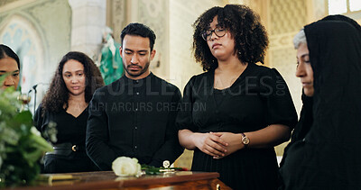 Buy stock photo Sad, people or family with casket in funeral for farewell service, mourning death or grief. Church, goodbye or respect with coffin or flowers in Christian cathedral for burial, support or memorial