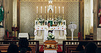 Funeral, bible and pastor with people in church for farewell service, mourning death or grief. Respect, goodbye or man preaching with family in Christian cathedral for burial, praying or memorial