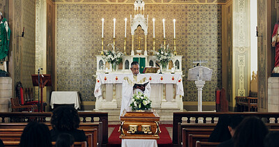 Buy stock photo Funeral, bible and pastor with people in church for farewell service, mourning death or grief. Respect, goodbye or man preaching with family in Christian cathedral for burial, praying or memorial