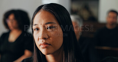 Buy stock photo Funeral, depression and woman in church, mourning and praying for loss, memorial service and Christianity. Thinking, catholic and person with sadness for grief, ceremony and ritual for honor the dead