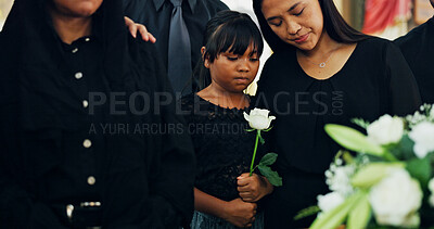 Buy stock photo Funeral, death or child with family or flower for farewell service, mourning person or grief. Cemetery, goodbye or kid grieving with sorrow or mother in graveyard for burial, memorial or ceremony