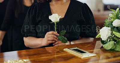 Buy stock photo Hands, woman and rose at funeral for farewell service, mourning death and goodbye at burial ceremony. Person, family and respect with rip, memorial comfort and emotional gathering at community church