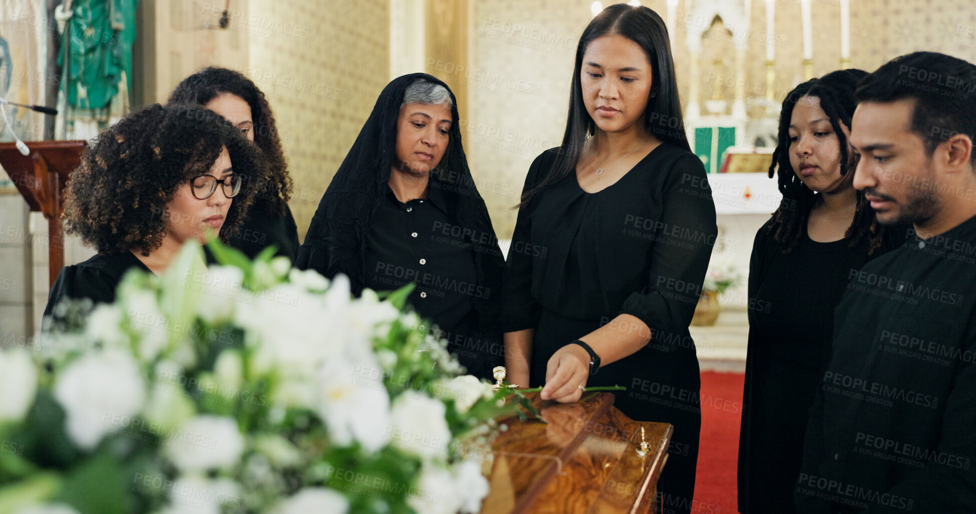 Buy stock photo Funeral, people and family with coffin in church for farewell service, mourning death or grief. Respect, goodbye or group with casket or flowers in Christian cathedral for burial, support or memorial