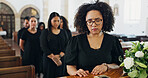 Grief, woman and funeral for farewell service, mourning death and goodbye at burial ceremony. Female person, family and respect with rip, memorial comfort and emotional gathering at community church
