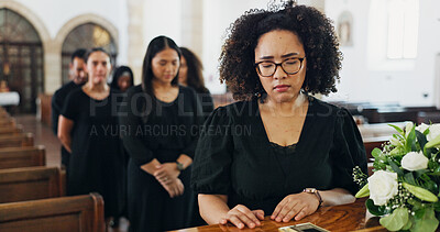 Buy stock photo Grief, woman and funeral for farewell service, mourning death and goodbye at burial ceremony. Female person, family and respect with rip, memorial comfort and emotional gathering at community church