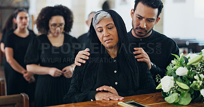 Buy stock photo Funeral, death or family with comfort or coffin in church for farewell, mourning loss or grief. Empathy, goodbye or people with sorrow or casket in cathedral for burial, religion or memorial ceremony