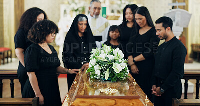 Buy stock photo Funeral, family or coffin with flowers in church for farewell service, mourning death or grief. Respect, chapel or people with casket or bouquet in Christian cathedral for burial, support or memorial