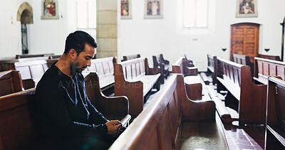 Buy stock photo Church, man and prayer for religion with rosary for faith, respect or worship God for forgiveness. Christian, chapel and person praying for hope, holy spirit and ask Jesus for guidance or blessing