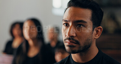 Buy stock photo Funeral, death or man with loss in church for farewell service, mourning person or grief. Thinking, goodbye or grieving with sorrow or respect in cathedral for burial, religion and memorial ceremony