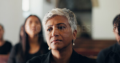 Buy stock photo Funeral, crying and woman in church, thinking and praying for loss, memorial service and Christianity. Mourning, catholic and person with depression for grief, ceremony and ritual to honor the dead