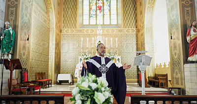 Buy stock photo Christian, preacher and man at church in funeral for farewell service, mourning death or grief. Respect, goodbye or pastor preaching with speech in chapel or cathedral for burial, talking or memorial