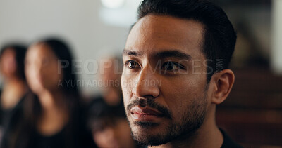 Buy stock photo Funeral, loss or man with death in chapel for farewell service, mourning person or goodbye. Face, remember or grieving with sorrow or respect in cathedral for burial, listening and memorial ceremony