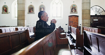 Buy stock photo Church, senior man and prayer for faith with religion, respect or worship God at funeral service. Christian, chapel and person praying for hope, holy spirit or widower ask for forgiveness at memorial