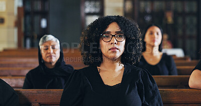 Buy stock photo Funeral, sad and woman in church, mourning and praying for loss, memorial service and Christianity. Thinking, catholic and person with depression for grief, ceremony and ritual for honor the dead