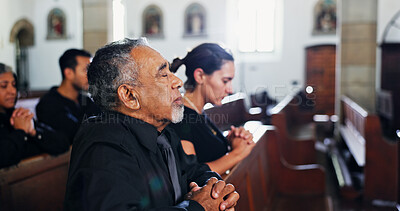 Buy stock photo Religion, praying and man in church with family for christian service with congregation. Worship, spiritual guidance and senior person with prayer for hope, faith or respect with gospel in chapel.