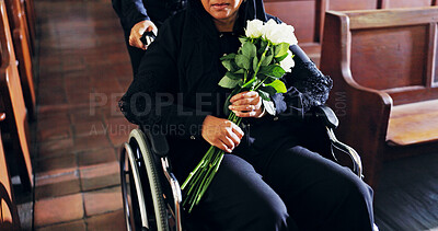 Buy stock photo Church, sad and senior person with wheelchair, mourning and flowers for memorial service and death. Christianity, family and widow with grief for loss, faith and belief in God for funeral in chapel