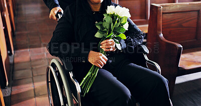 Buy stock photo Funeral, grief and person with wheelchair at church, mourning and flowers for memorial service and death. Christianity, family and widow with disability in chapel, sadness and bouquet for respect