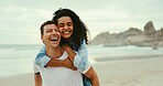 Piggyback, laugh and love with couple at beach for romantic vacation, travel adventure and bonding. Happiness, holiday and partner with man and woman outdoors on date for honeymoon, relax and summer