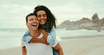 Buy stock photo Piggyback, laugh and love with couple at beach for romantic vacation, travel adventure and bonding. Happiness, holiday and partner with man and woman outdoors on date for honeymoon, relax and summer