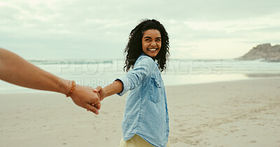 Buy stock photo Holding hands, date and love with couple at beach for romantic vacation, travel adventure and bonding. Happiness, holiday and partner with man and woman outdoors for honeymoon, relax and smile
