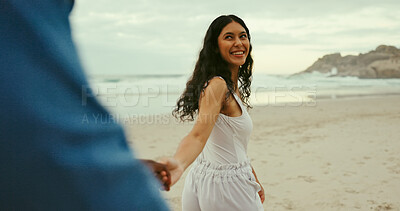 Buy stock photo Holding hands, smile and love with couple at beach for romantic vacation, travel adventure and bonding. Happiness, holiday and partner with man and woman outdoors for honeymoon, relax and date
