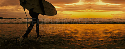 Buy stock photo Legs, sunset and person with surfboard, beach and adventure for surfer in water, sea or silhouette. Summer vacation, travel and athlete with fitness for sport, evening and hobby in nature and ocean