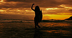 Silhouette, sign and person with surfboard, beach and journey for surfer on holiday, sunset and sea. Ocean, adventure and woman with gesture for fitness, hobby and sports in nature on summer vacation