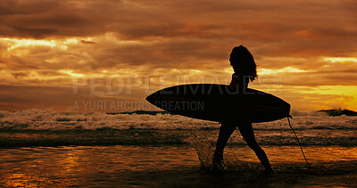 Buy stock photo Silhouette, travel and person with surfboard, beach and journey for surfer on holiday, sunset or sea. Summer vacation, adventure and woman with fitness for sport, evening and hobby in nature or ocean