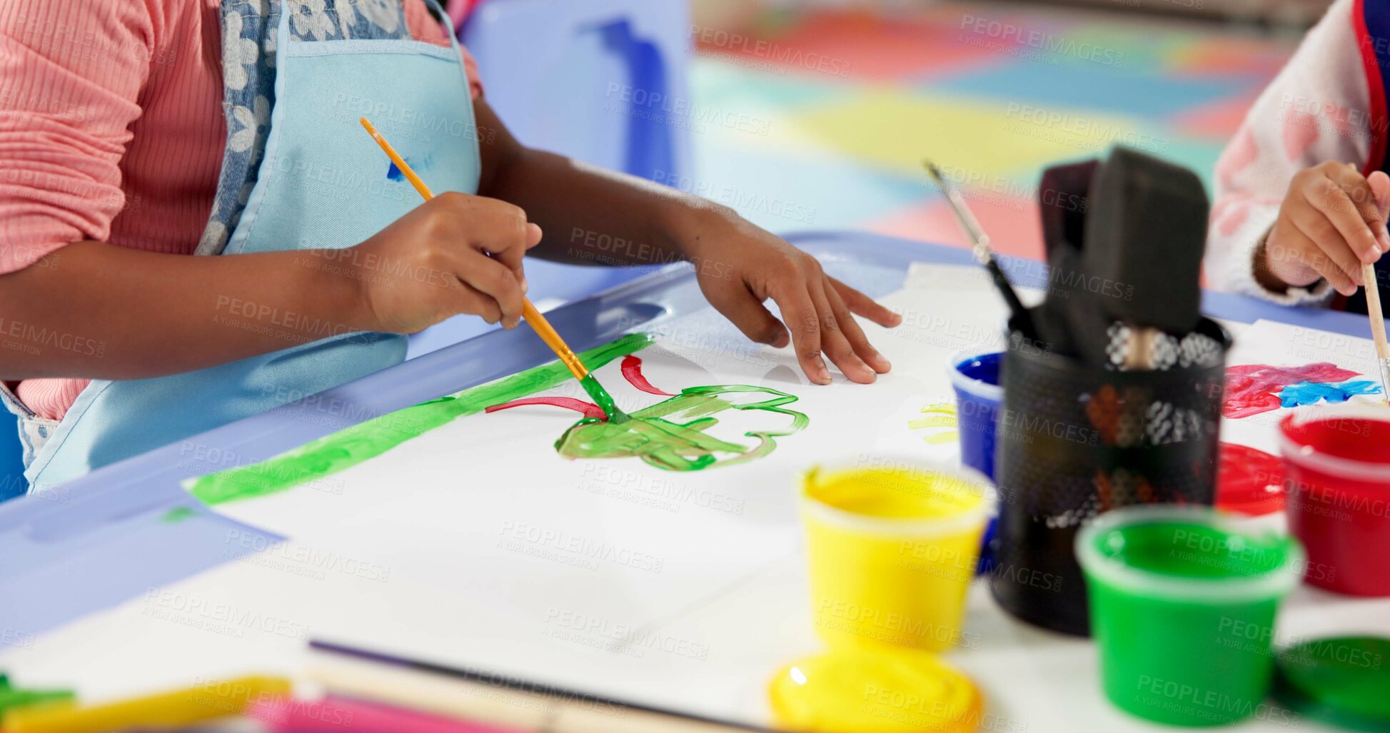Buy stock photo Learning, children and hands painting for art, creative talent and development in preschool class. Education, student drawing and kids with color for tree, artwork and sketch on paper with brush