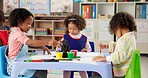 Learning, kids and girls in painting class for art, creative talent and skill development in preschool. Education, students drawing and children with color for artwork and sketch on paper with brush