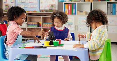 Buy stock photo Learning, kids and girls in painting class for art, creative talent and skill development in preschool. Education, students drawing and children with color for artwork and sketch on paper with brush