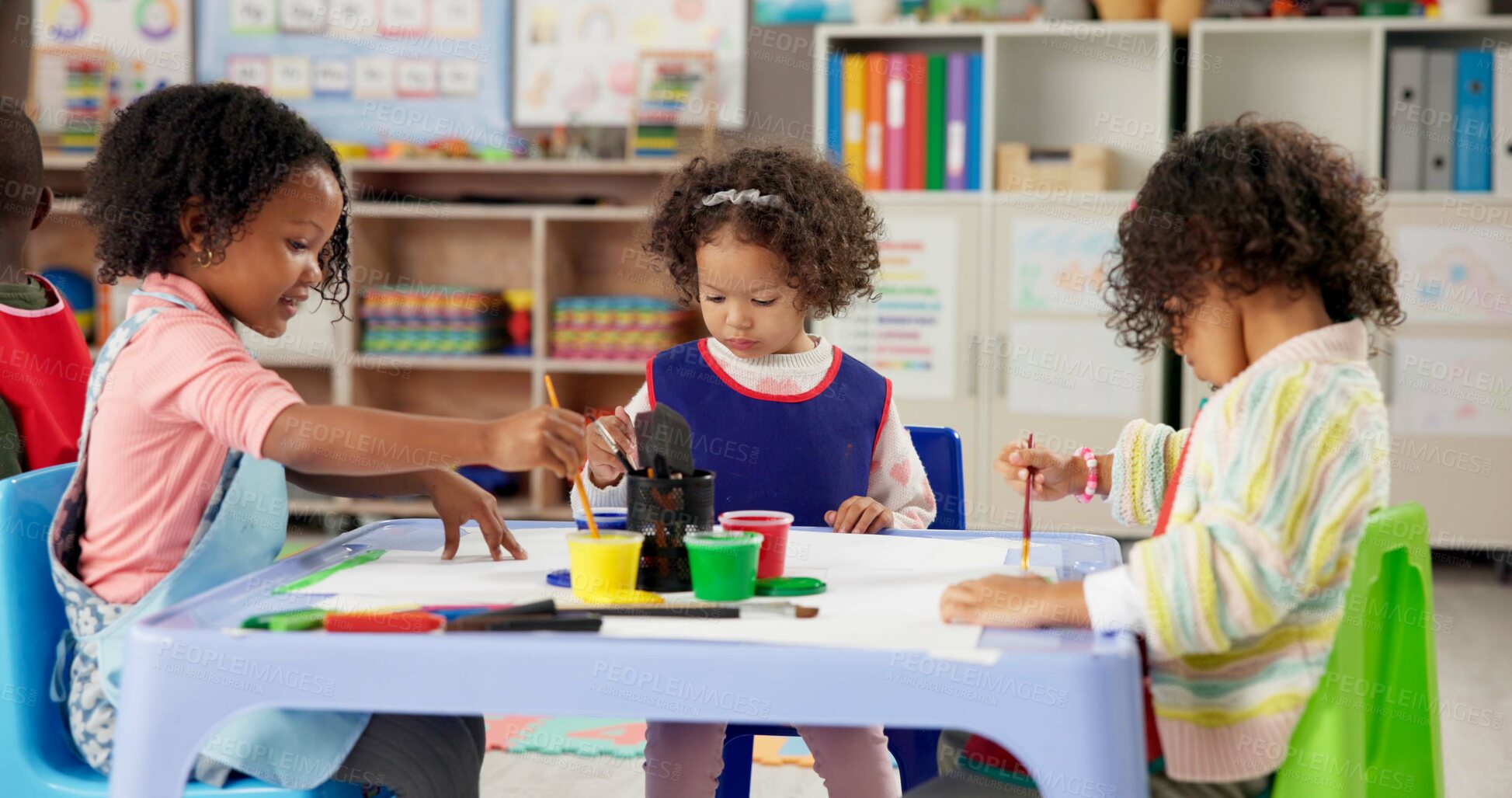 Buy stock photo Learning, kids and girls in painting class for art, creative talent and skill development in preschool. Education, students drawing and children with color for artwork and sketch on paper with brush