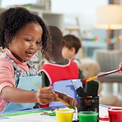 Education, kids and girls in painting class for art, creative talent ...