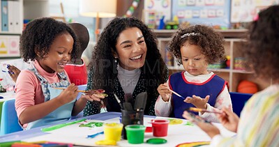 Buy stock photo Education, kids and teacher painting hands for art, creative talent and motor skill development in preschool class. Learning, students drawing and happy children in lesson with watercolor with brush