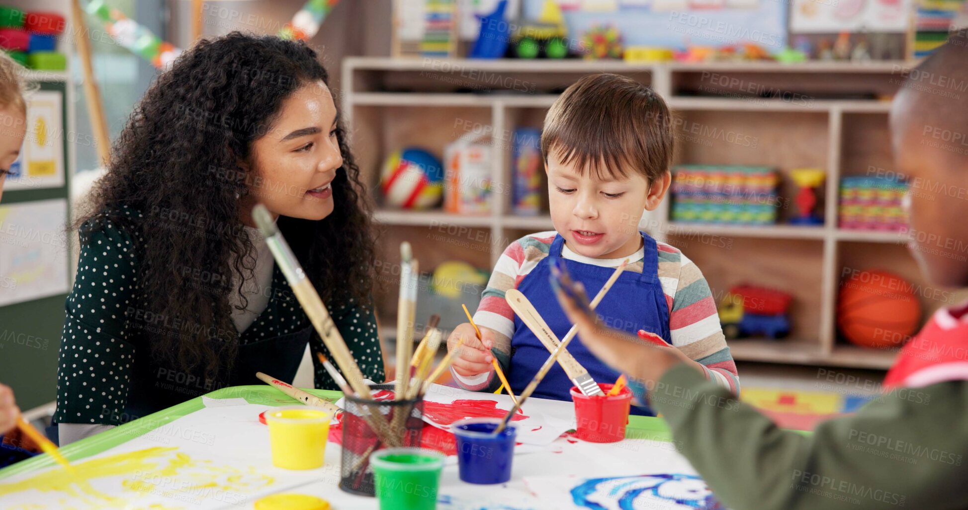 Buy stock photo Education, children or students painting with teacher for art, creative talent or motor skill development in preschool. Learning, drawing or teaching happy kids in class for lesson or help with color