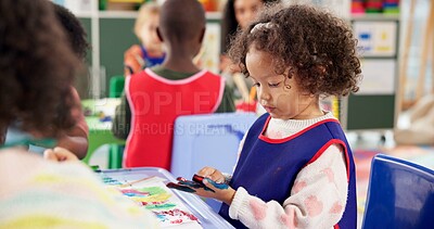 Buy stock photo School, painting and children in art classroom for creative lesson, education and development. Kindergarten, students and kids with colors on paper for activity, artistic project and motor skills