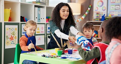 Buy stock photo Kindergarten, teacher and children with painting for education, creativity and skills development. Preschool, educator and kids as students for artwork, learning and growth activity in classroom