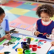 Learning, children and painting hands in class for art, creative talent ...