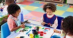Learning, children and painting hands in class for art, creative talent and motor skill development in preschool. Education, students and kids drawing on palm with color for growth, artwork and brush