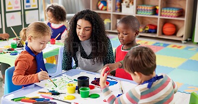 Buy stock photo Classroom, teacher and children with painting for education, creativity and skills development. Preschool, educator and kids as students for artwork, learning and growth activity in kindergarten